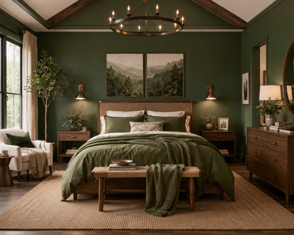 Deep green master bedroom with rustic wood furniture, cozy textures, and warm lighting showing master bedroom paint color ideas.