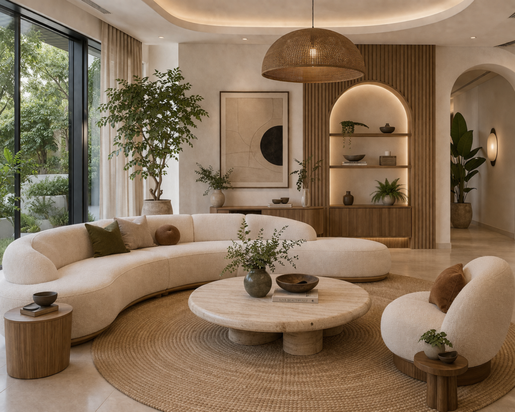 Modern living room furniture with curved sofa, natural wood elements, and organic shapes