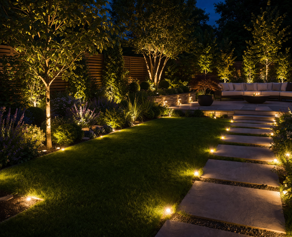 Garden lighting ideas outdoor with ground lighting installed along pathways and garden edges creating a soft glowing effect at night