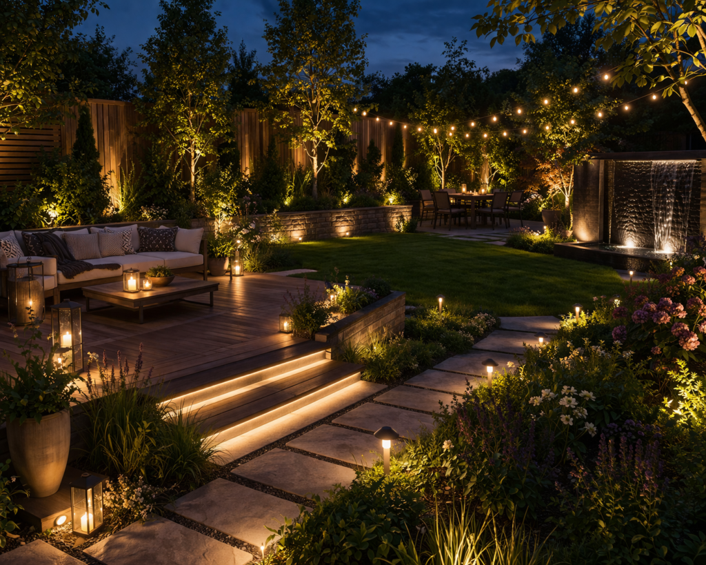 Garden lighting ideas outdoor with soft ambient lighting, string lights, pathway lights, and warm deck illumination in a modern garden