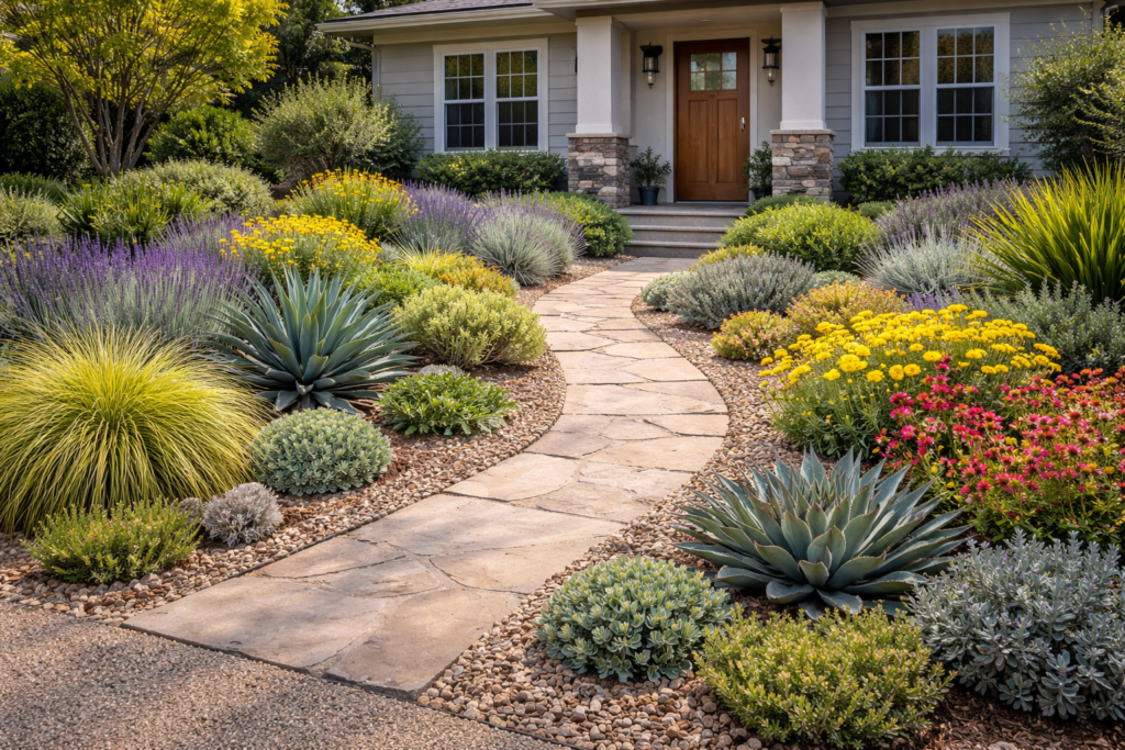 Garden front yard ideas with drought-tolerant plants, gravel beds, and stone pathway