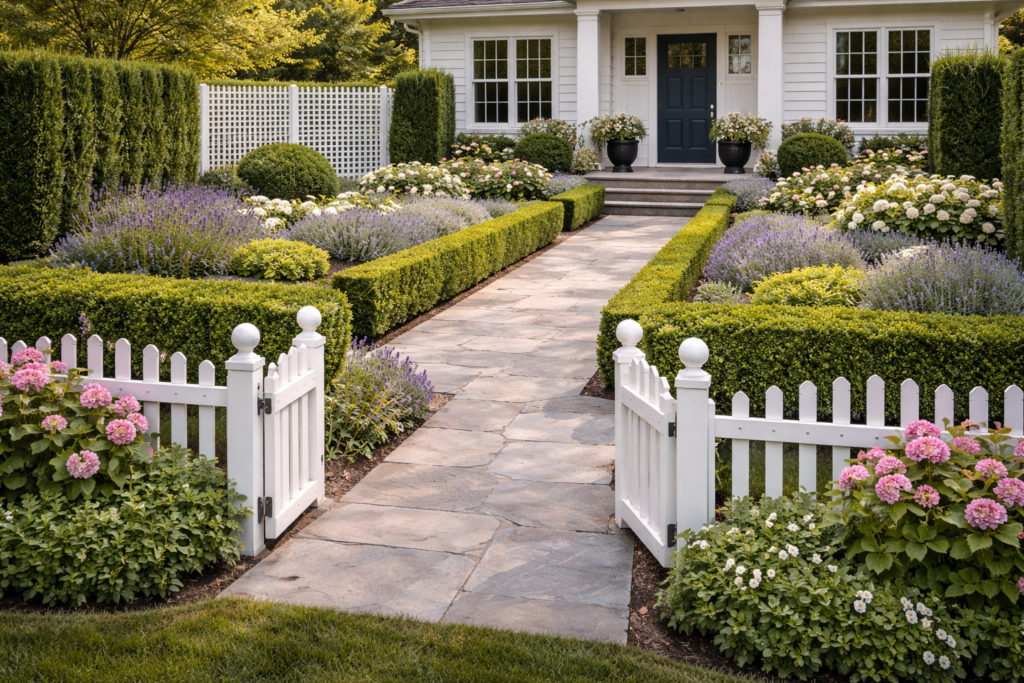 Garden front yard ideas with hedges, open fences, and privacy screens in a neat layout