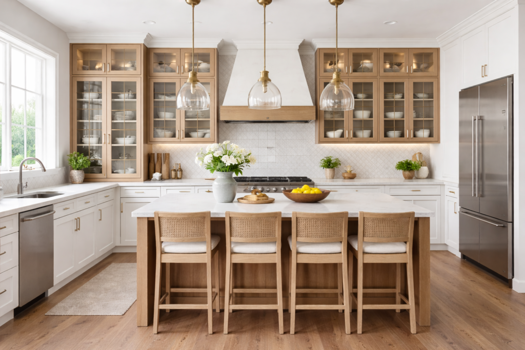 Elegant kitchen cabinets ideas with glass front cabinets, wood and white cabinetry, marble island, and pendant lighting in a modern kitchen