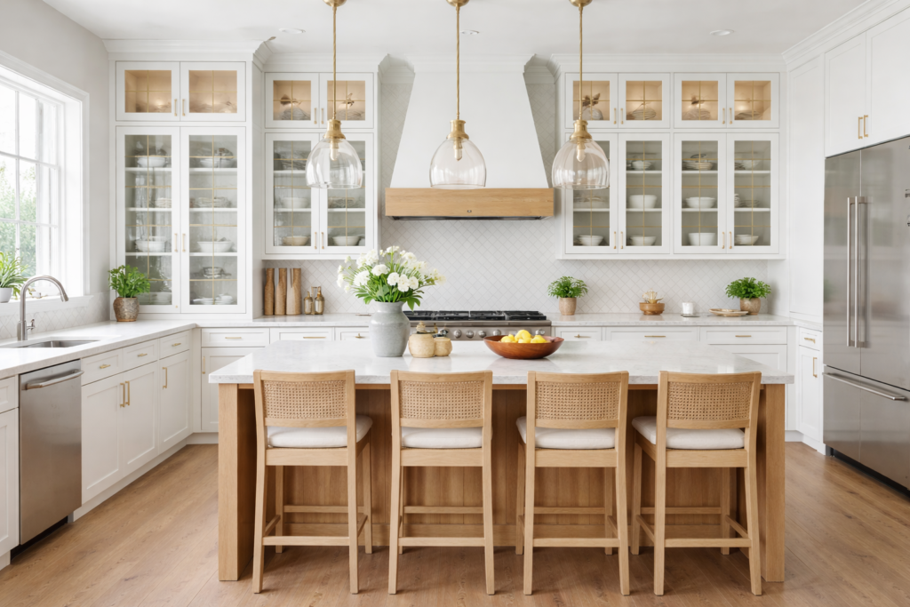 Stylish kitchen cabinets ideas with glass front cabinets, white cabinetry, marble island, and pendant lighting in a modern USA kitchen