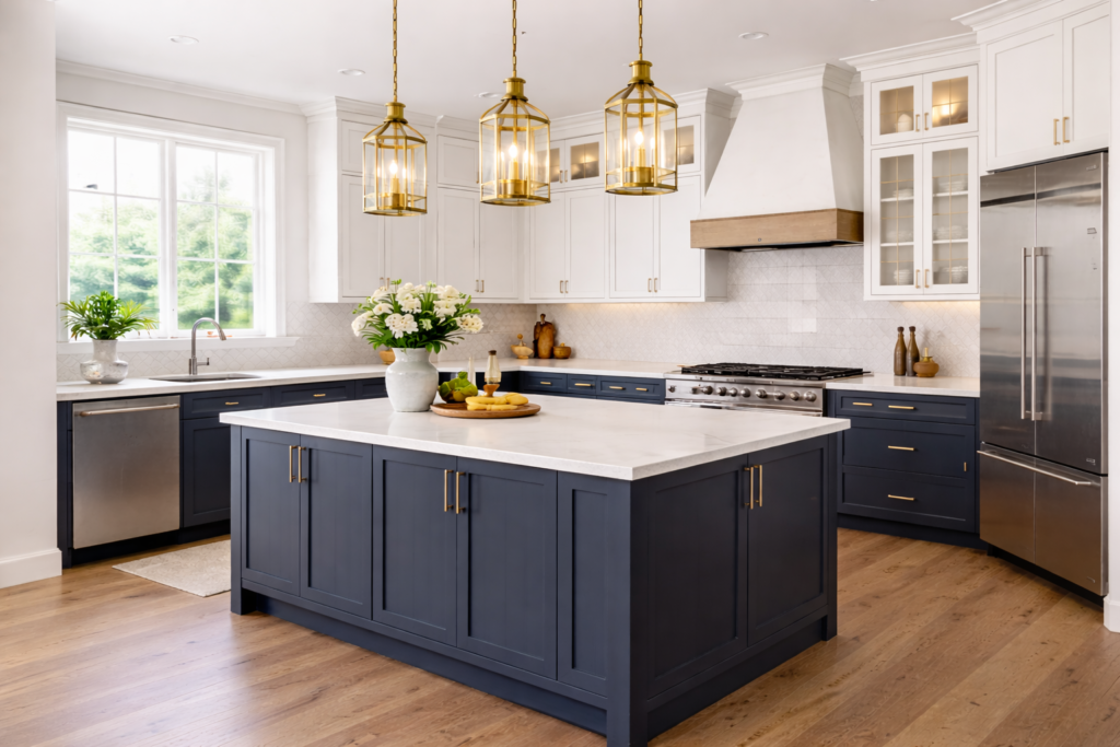 Luxury kitchen cabinets ideas with two tone cabinets, navy blue island, white upper cabinets, and quartz countertop in a modern kitchen