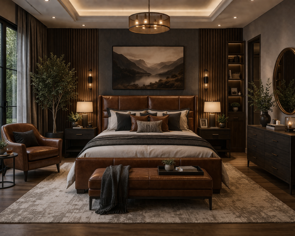 modern master bedroom with leather furniture and warm tones master bedroom paint color ideas