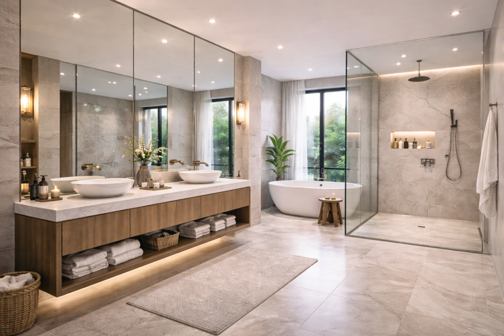 Luxury bathroom with full wall mirrors, modern vanity, glass shower, and bright reflective space ideas on remodelling a bathroom