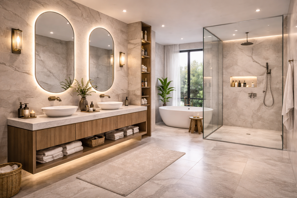 Luxury bathroom with large tiles, seamless walls, modern vanity, and spacious layout ideas on remodelling a bathroom