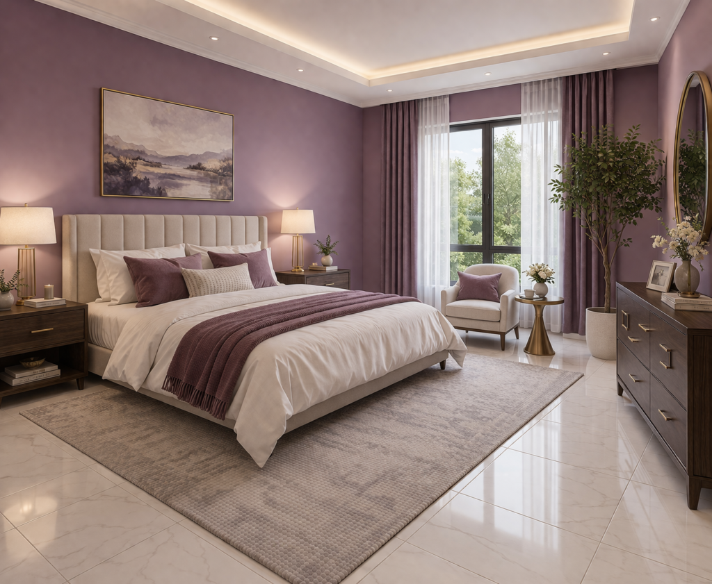 Modern bedroom with mauve purple walls and white tiled floor showing master bedroom paint color ideas
