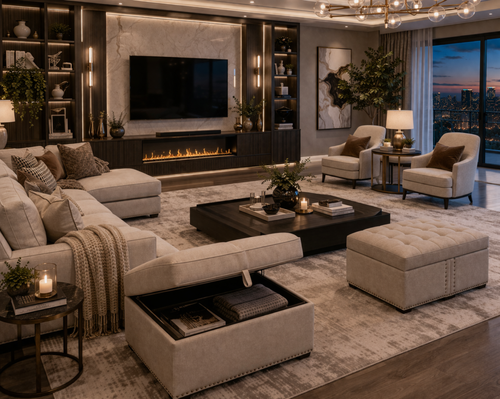 modern luxury living room furniture with storage ottomans and functional seating layout