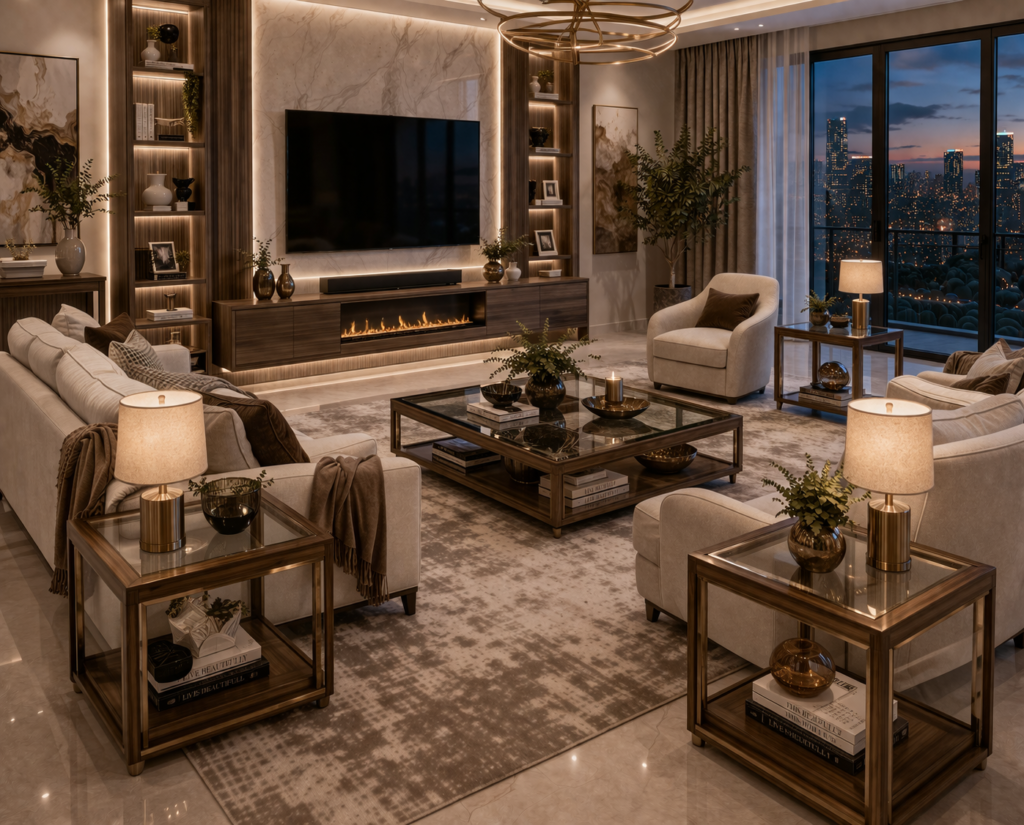 modern luxury living room furniture with wooden and glass side tables and elegant seating layout