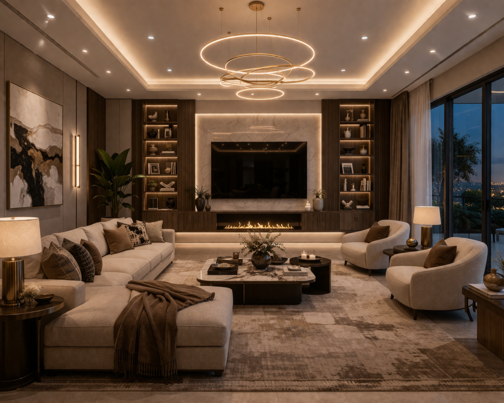 modern luxury living room furniture with stylish ceiling lights and ambient lighting design