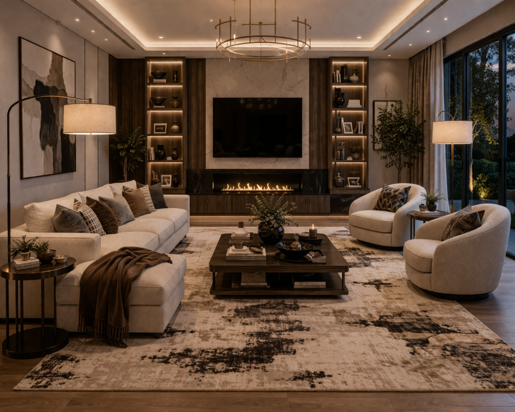 modern luxury living room furniture with floor lamps and soft ambient lighting setup