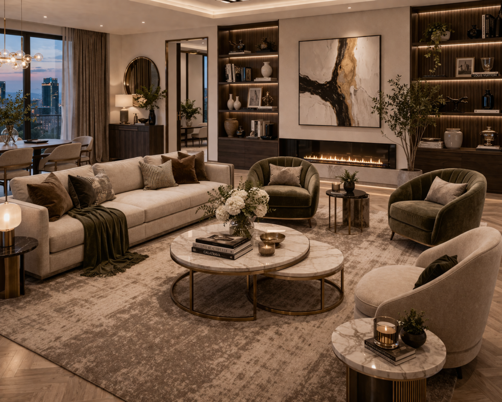 modern luxury living room furniture with nested coffee tables marble tops and neutral seating