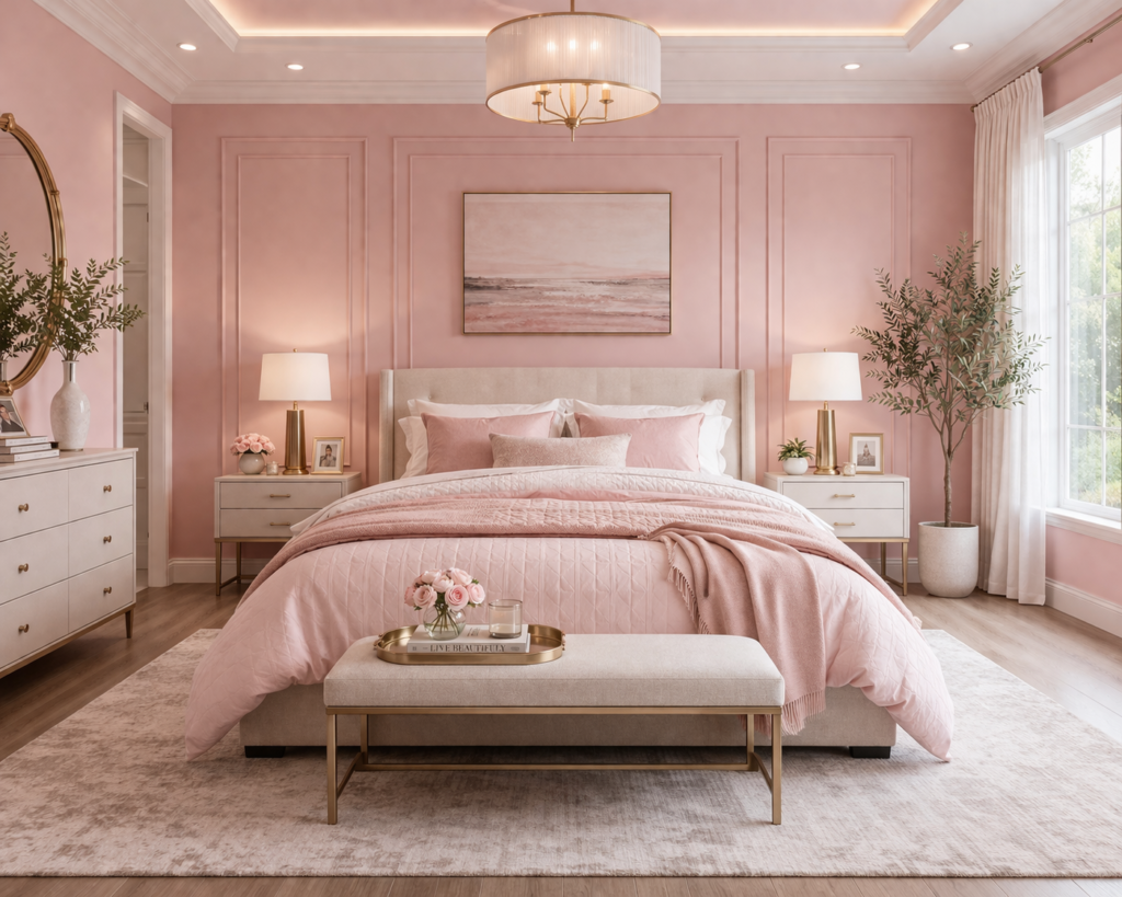 Soft pink master bedroom with cozy bedding, warm lighting, and elegant decor highlighting master bedroom paint color ideas.