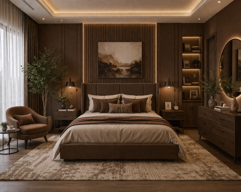 modern brown master bedroom with warm lighting and elegant furniture master bedroom paint color ideas