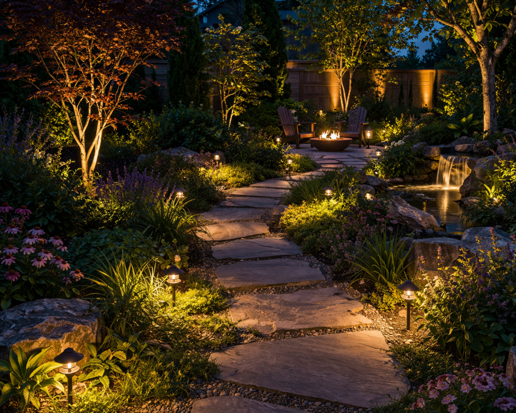 garden lighting ideas outdoor with low voltage lights illuminating pathway, plants, and backyard seating area at night