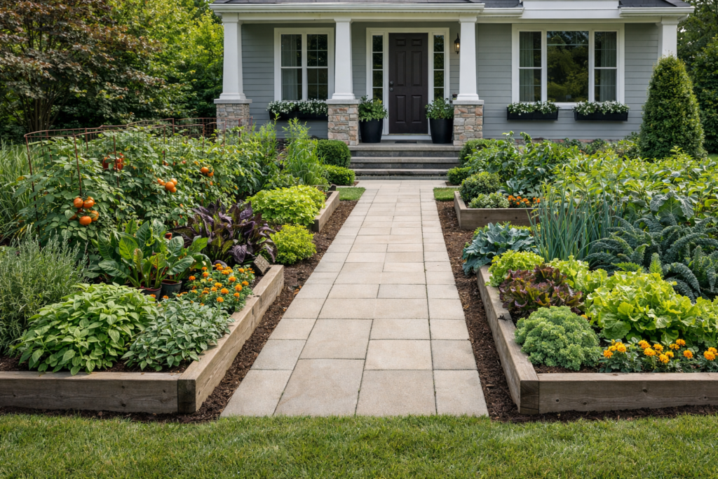 Garden front yard ideas with herbs and vegetables planted along walkway beds