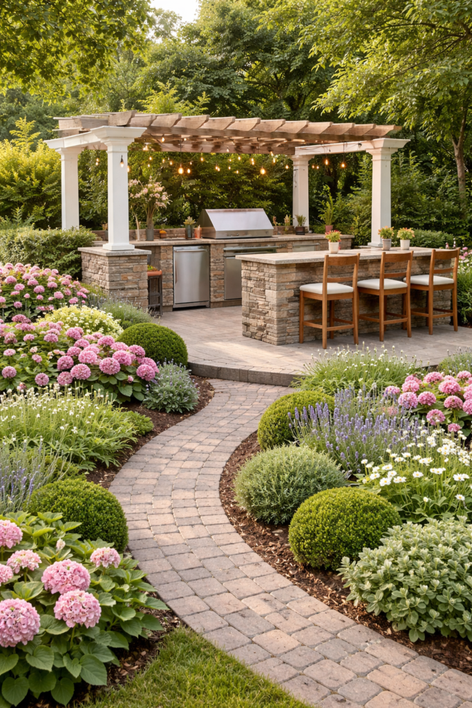 garden front yard ideas with outdoor kitchen, built-in grill, dining area, and modern landscaping design