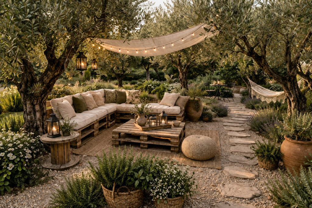 olive garden with DIY seating area, pallet sofa, lanterns, string lights, and natural gravel pathway