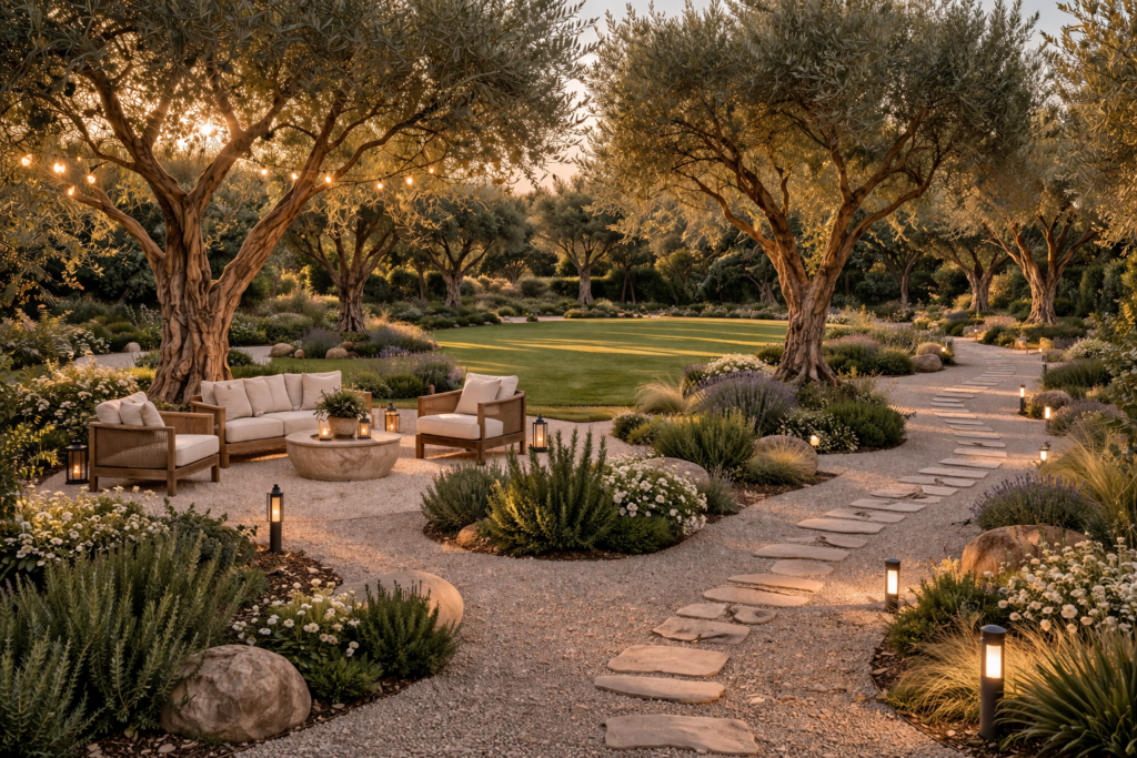 olive garden with seating zone, plant clusters, walking path, and open space under mature olive trees