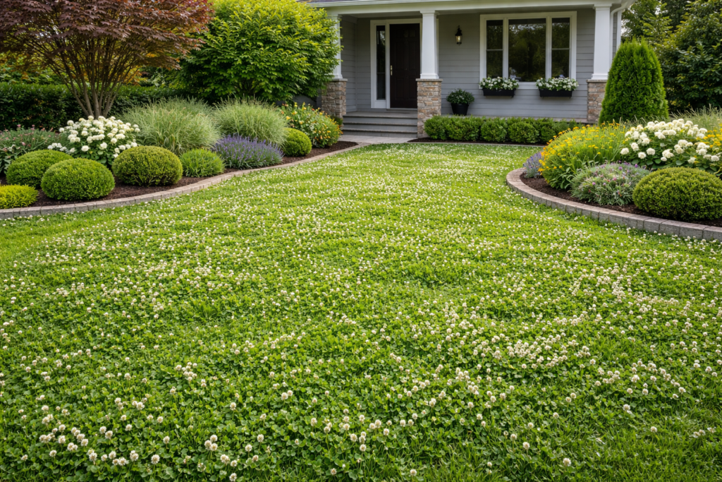 Garden front yard ideas with clover lawn, low-maintenance greenery, and eco-friendly landscaping
