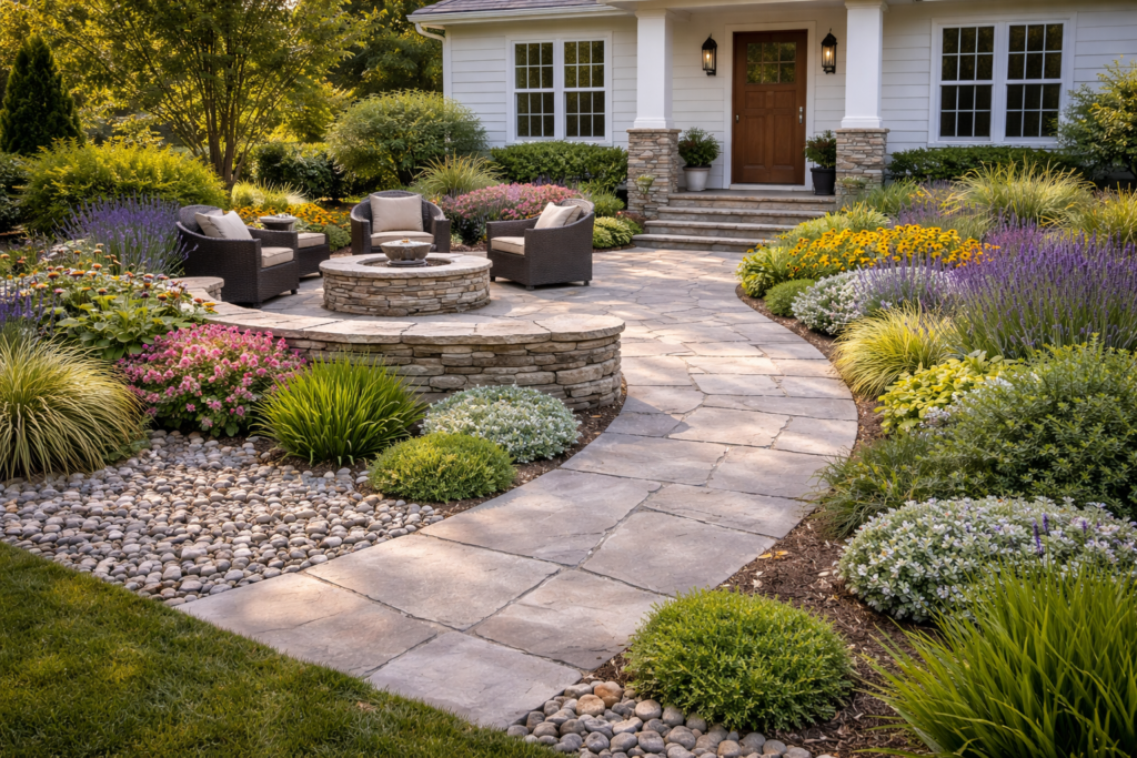 Garden front yard ideas with mixed hardscape and plants, stone patio, and landscaped beds