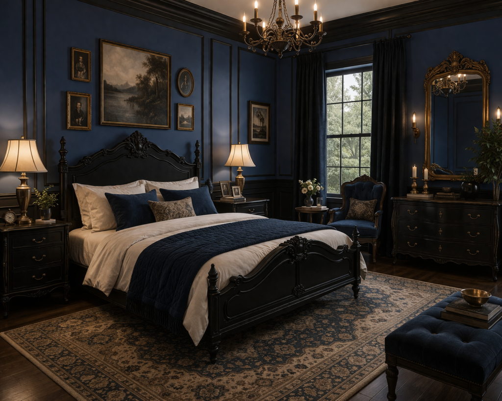 Bedroom with blue and black walls and vintage furniture showing master bedroom paint color ideas