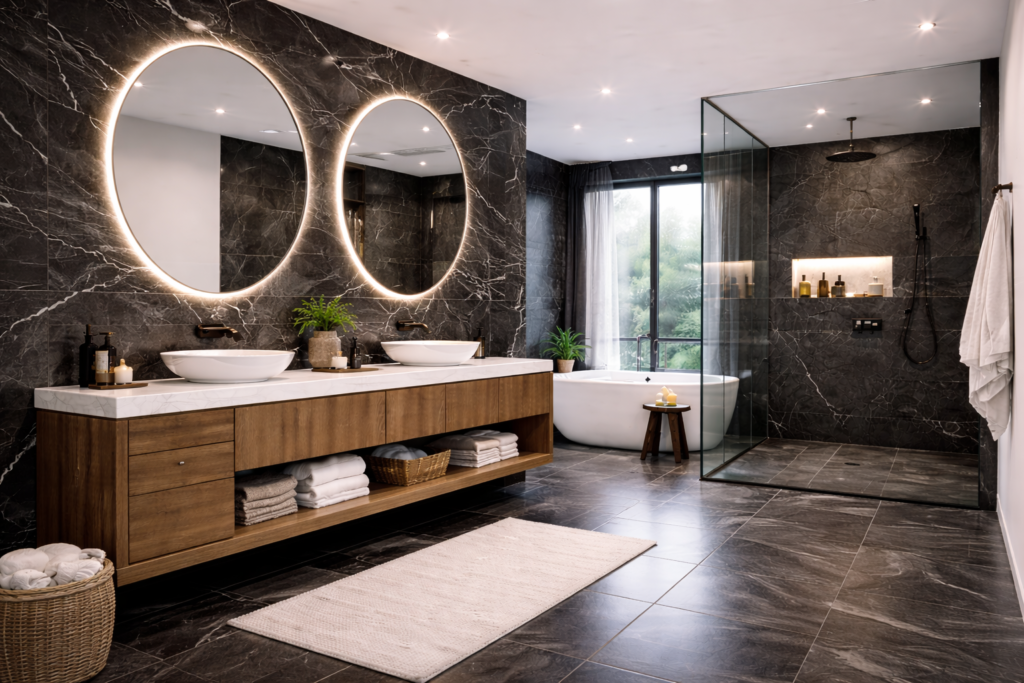 Modern bathroom with floating vanity, black tiles, backlit mirrors, and sleek design ideas on remodelling a bathroom