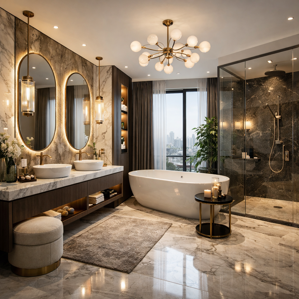 Modern luxury bathroom design with freestanding tub, glass shower, marble walls, and warm lighting ideas on remodelling a bathroom