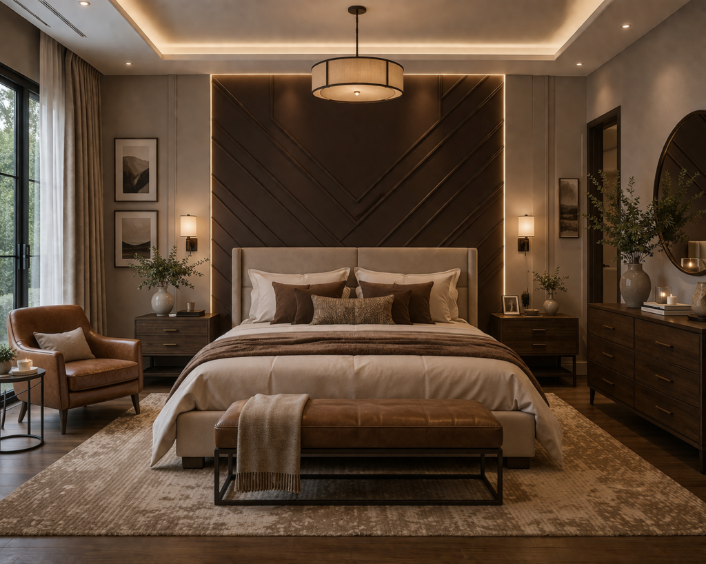 modern master bedroom with smart accent wall design and warm tones master bedroom paint color ideas