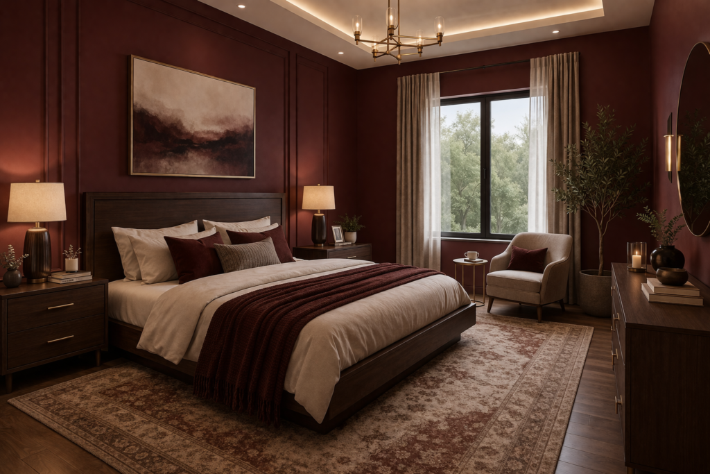 Modern bedroom with mahogany walls and rich wooden furniture showing master bedroom paint color ideas