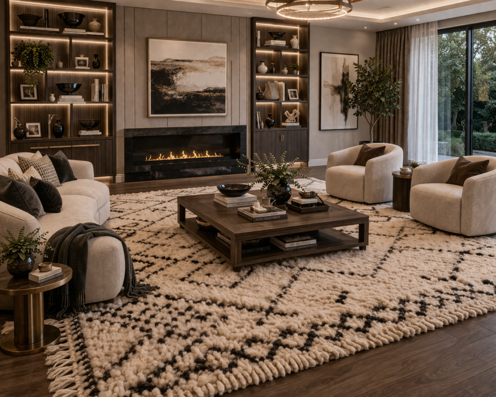 modern luxury living room furniture with soft wool rug and cozy seating arrangement