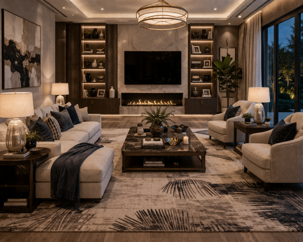 modern luxury living room furniture with table lamps and warm ambient lighting setup