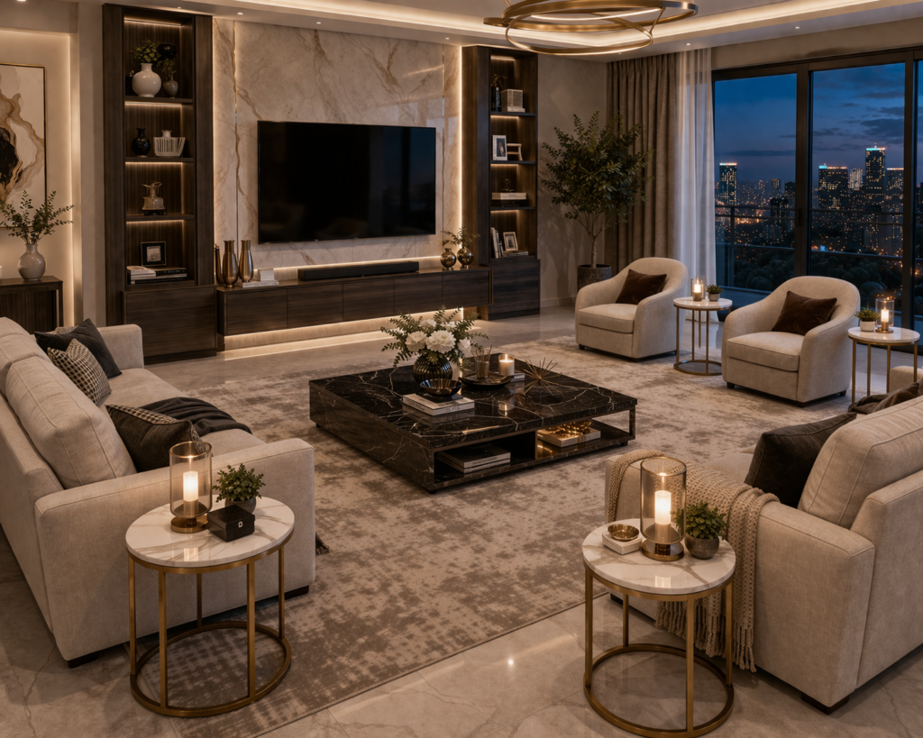 modern luxury living room furniture with side tables placed beside each seating area
