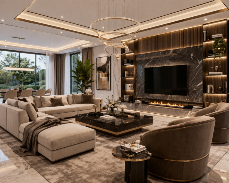 modern stylish luxury living room furniture with beige sectional sofa marble wall and gold lighting