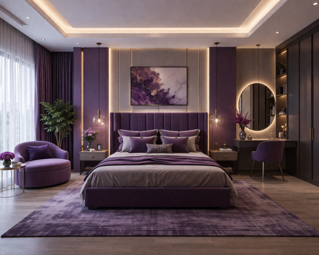 modern purple master bedroom interior with stylish furniture and soft lighting master bedroom paint color ideas