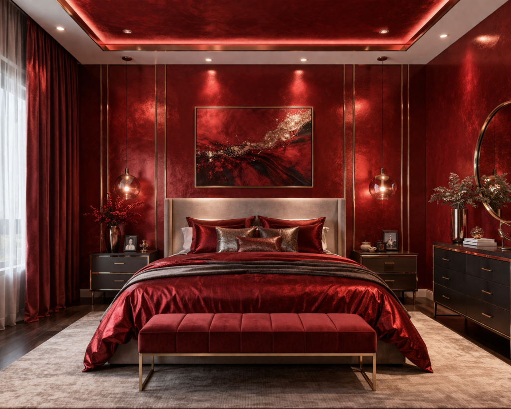 Metallic red master bedroom with bold walls, modern lighting, and luxe decor showing master bedroom paint color ideas.