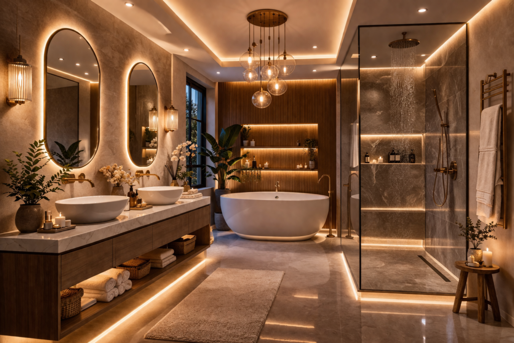 Luxury bathroom with layered lighting, ceiling lights, wall sconces, and ambient glow ideas on remodelling a bathroom