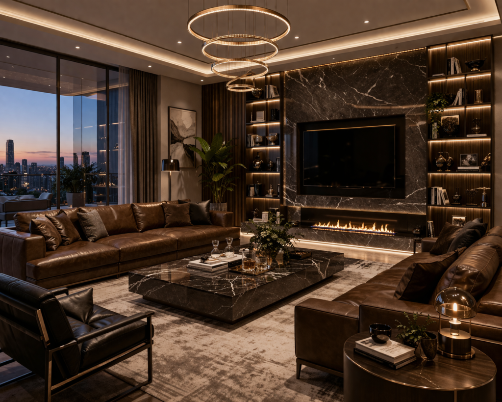 modern luxury living room furniture with brown leather sofa marble wall and ambient lighting