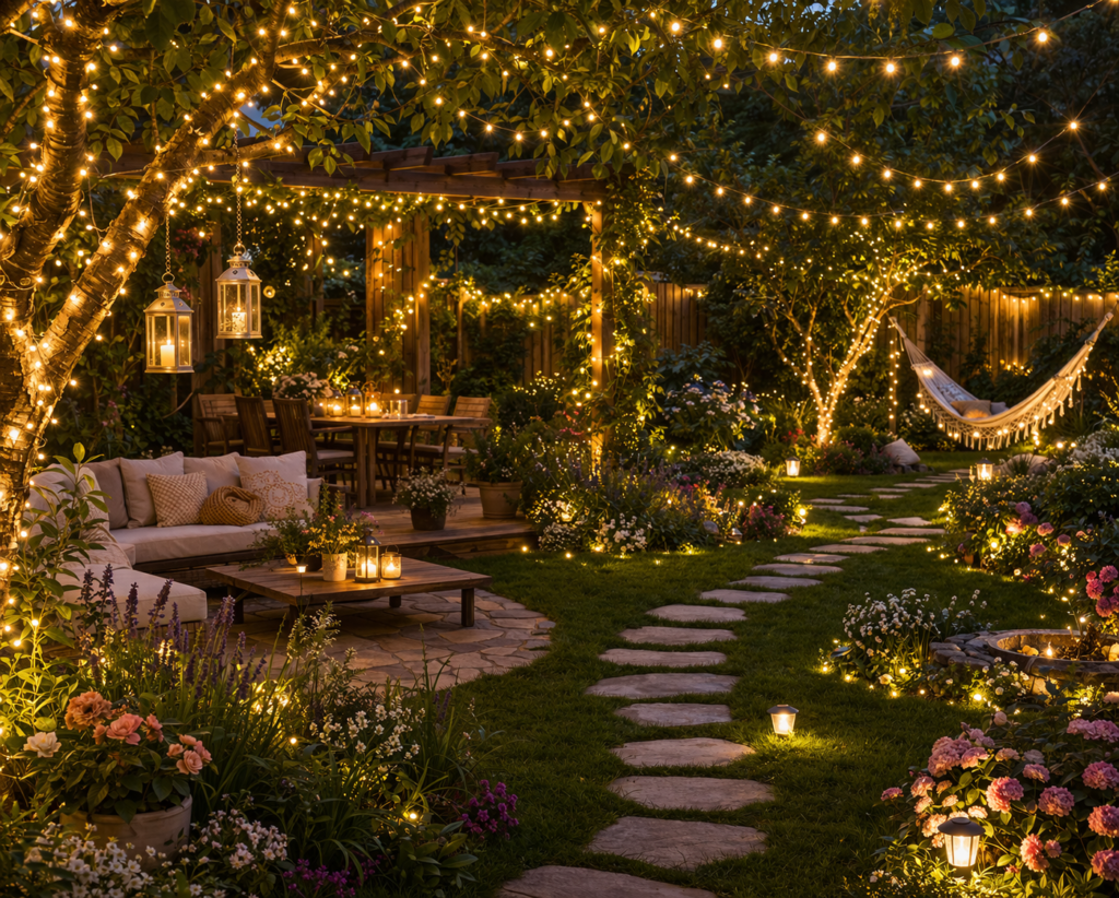 garden lighting ideas outdoor with fairy lights draped over trees and cozy garden seating area