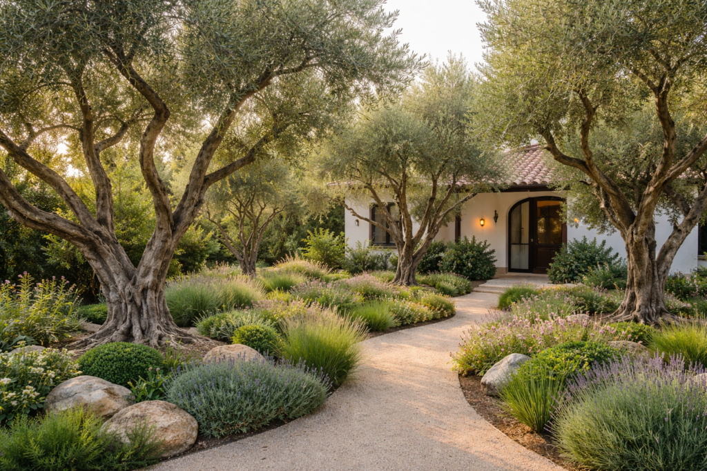 olive garden in a home front yard with mature olive trees, stone pathway, and lush greenery