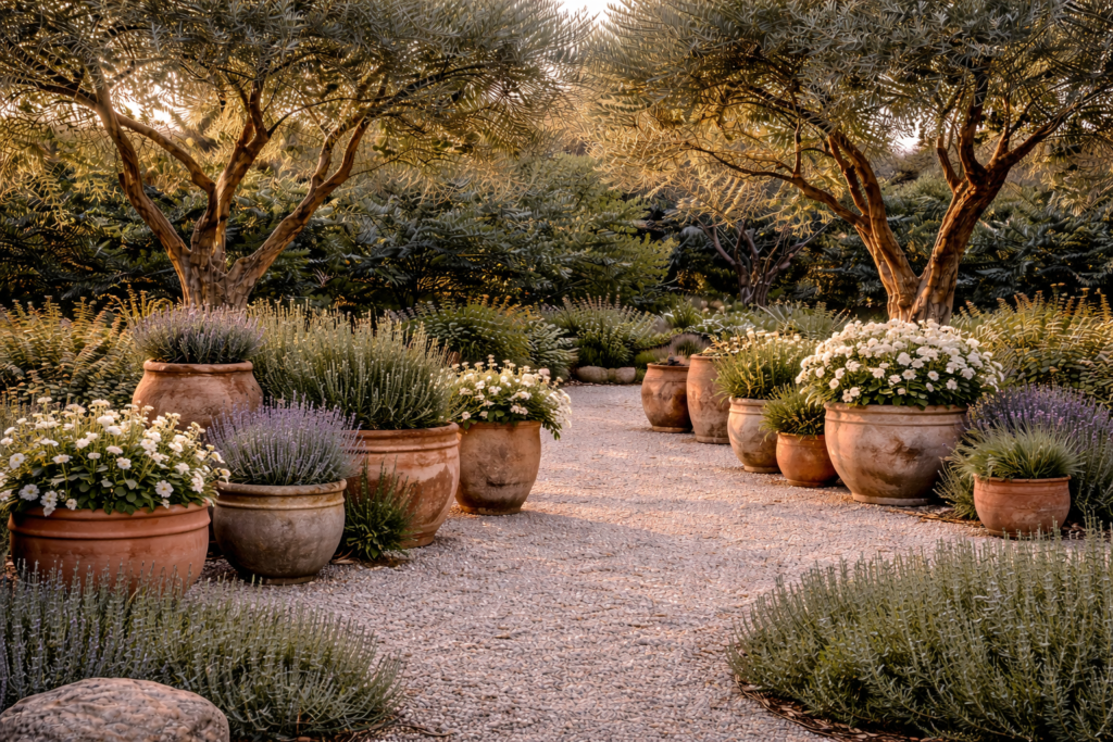 olive garden with terracotta pots and clay planters arranged along gravel path under olive trees