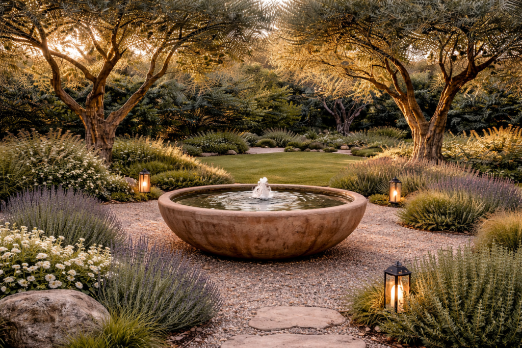 olive garden with clay water bowl fountain surrounded by olive trees and gravel landscape