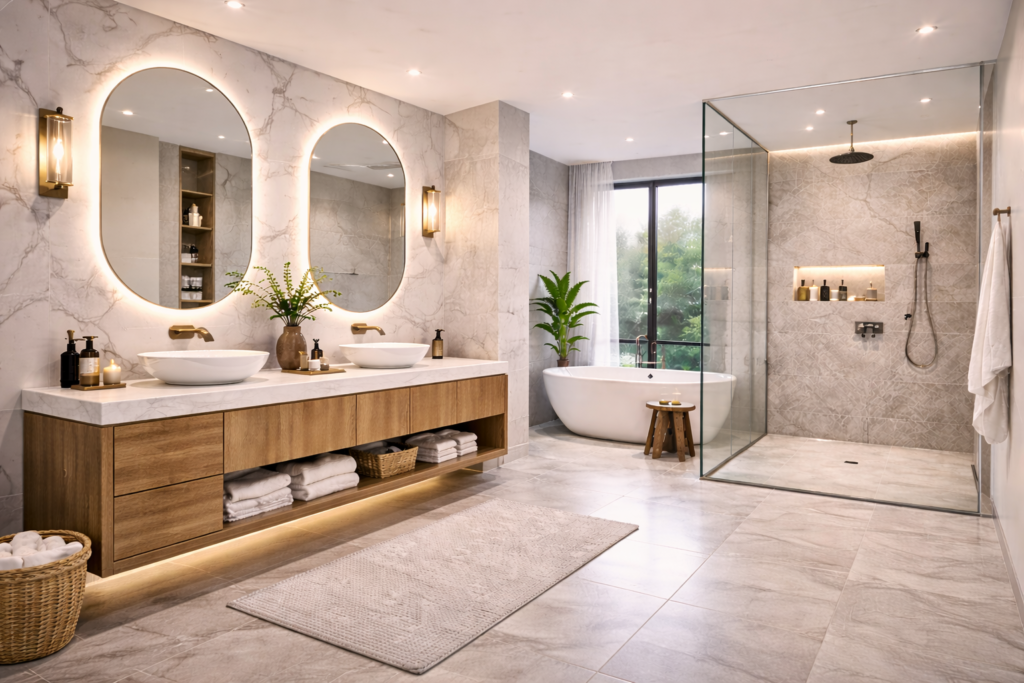 Modern bathroom with ceramic and porcelain layouts, sleek tiles, and clean contemporary design ideas on remodelling a bathroom