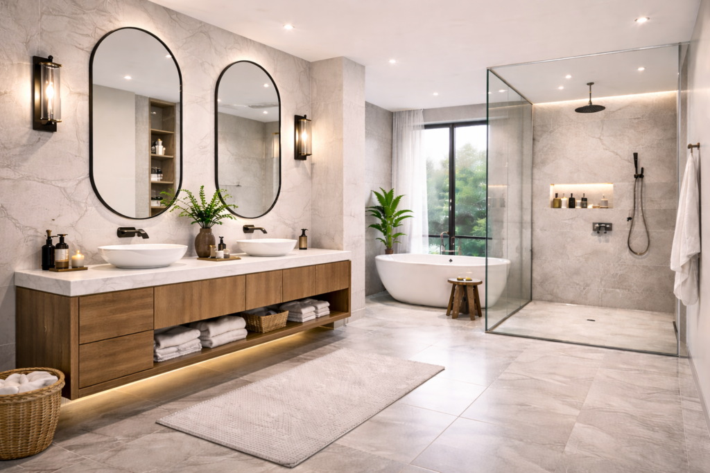 Modern bathroom with metal fixtures, black accents, sleek vanity, and glass shower ideas on remodelling a bathroom