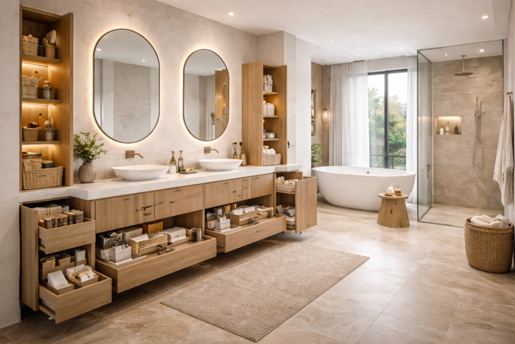 Luxury bathroom with smart storage solutions, built-in shelves, hidden cabinets, and modern layout ideas on remodelling a bathroom