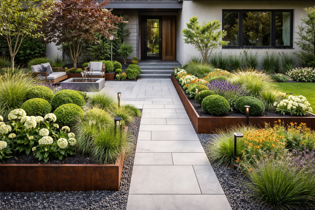 Front yard garden with green lawn, colorful flowers, and neat landscaping