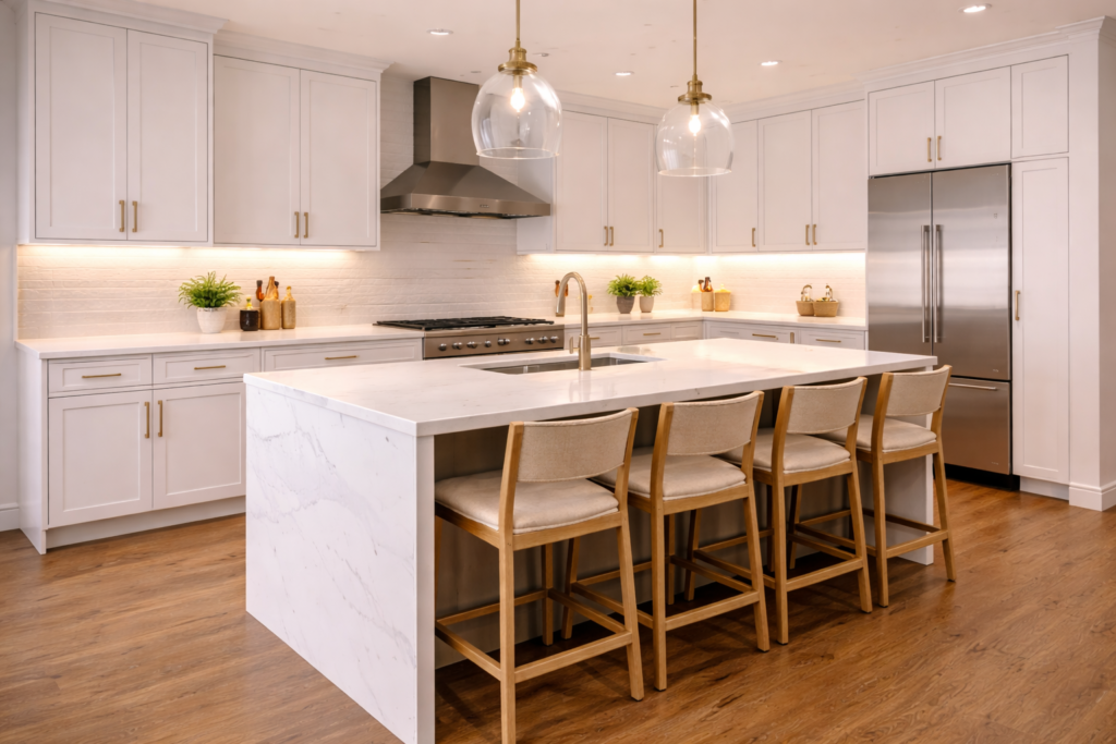 Modern kitchen cabinets ideas with under cabinet lighting, white cabinets, warm LED lights, and a sleek island in a contemporary kitchen