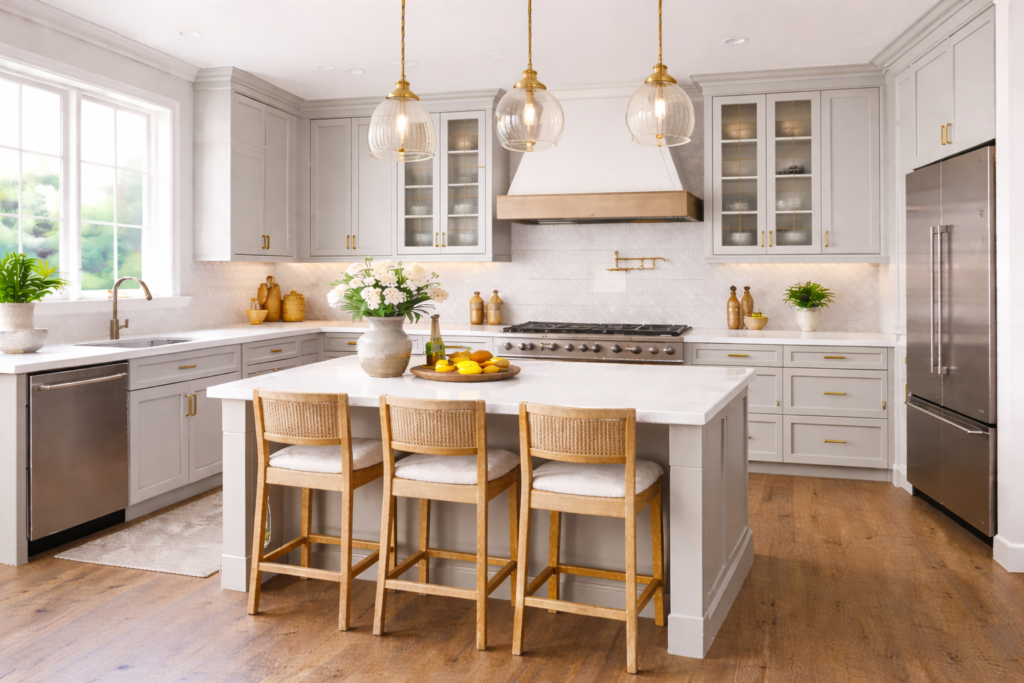 Modern kitchen cabinets ideas with MDF cabinets, smooth finish cabinetry, minimalist design, and sleek island in a contemporary kitchen